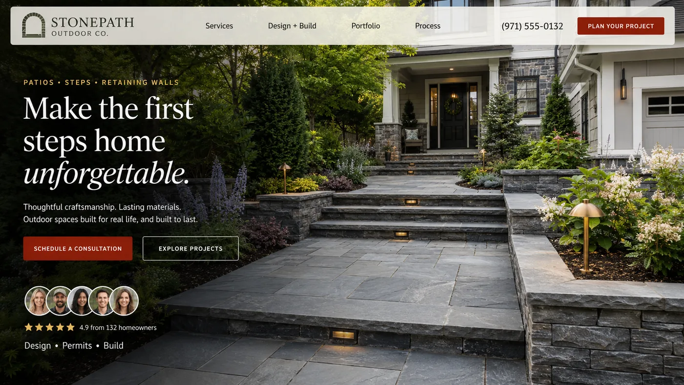 A website design for an outdoor steps and retaining wall builder